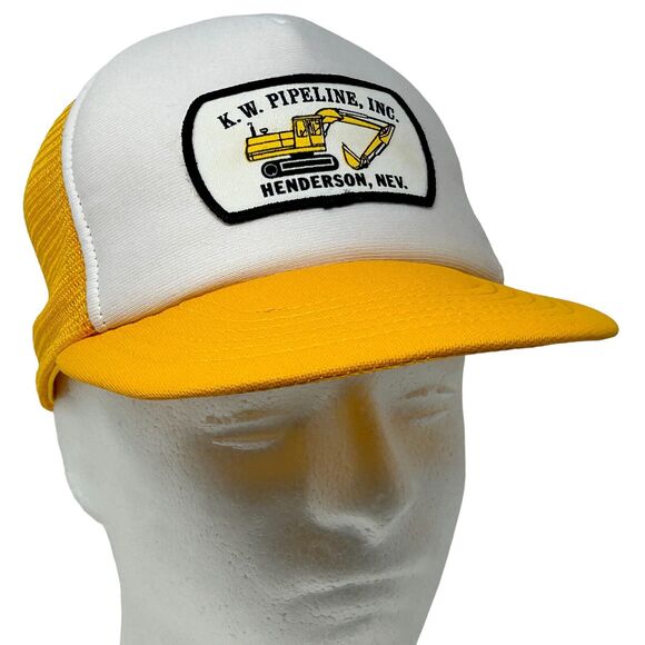 Vintage KW Pipeline Inc Patch Trucker Hat Baseball Cap 80s Backhoe Mesh Yellow - Picture 1 of 10